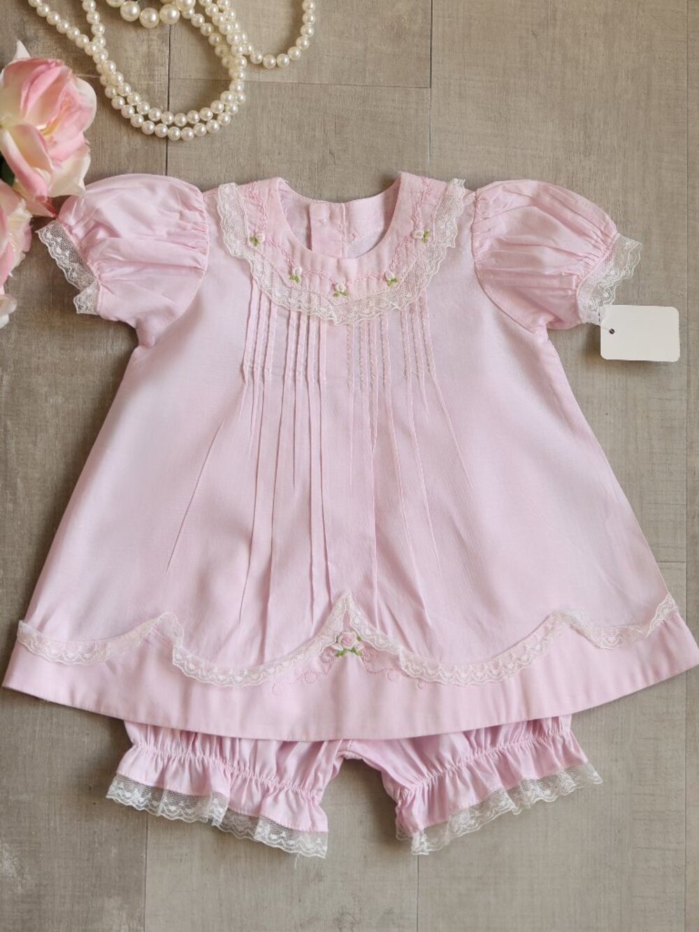 Pink Heirloom Dress and Bloomer Set 100% Cotton Vintage Lace Newborn LIKE NEW